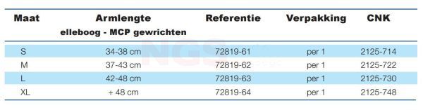 Actimove Mitella Comfort, ter ondersteuning van arm en elleboog maattabel